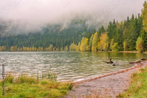Obraz na płótnie reflections with forest in autumn lake, Sf Ana lake w salonie