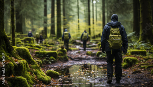 Men hiking in nature, backpacking through the forest generated by AI