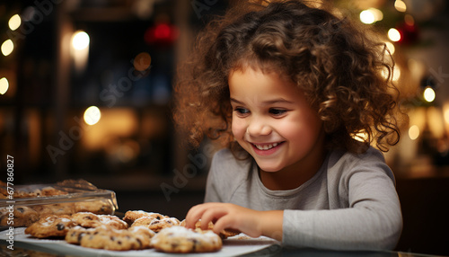 Smiling child enjoying a cookie in the kitchen generated by AI