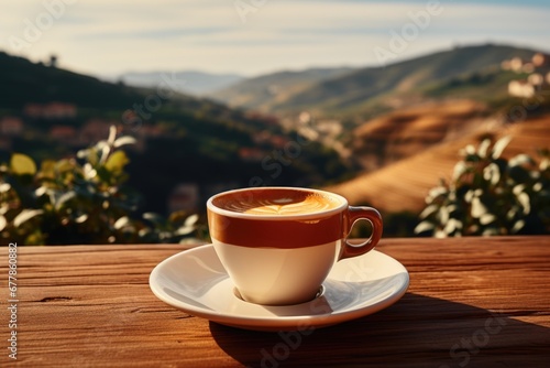 A cup of espresso set against the backdrop of a scenic landscape.