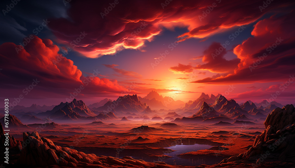 Sunset over majestic mountain range, painting a tranquil scene in nature generated by AI