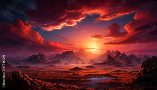 Sunset over majestic mountain range  painting a tranquil scene in nature generated by AI