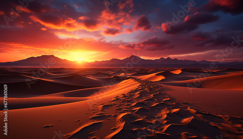 Sand dune landscape, sunset outdoors, cloud sky, dry heat temperature generated by AI