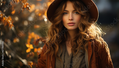 Young woman, caucasian, beauty, outdoors, autumn, fashion, nature, portrait, smiling, elegance generated by AI