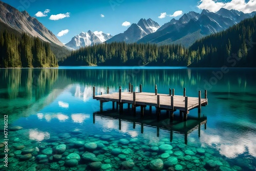 A wooden pier stretching out into the heart of a crystal-clear mountain lake