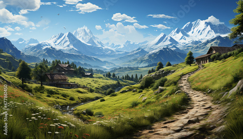 Majestic mountain peak, green meadow, tranquil scene, blue sky generated by AI