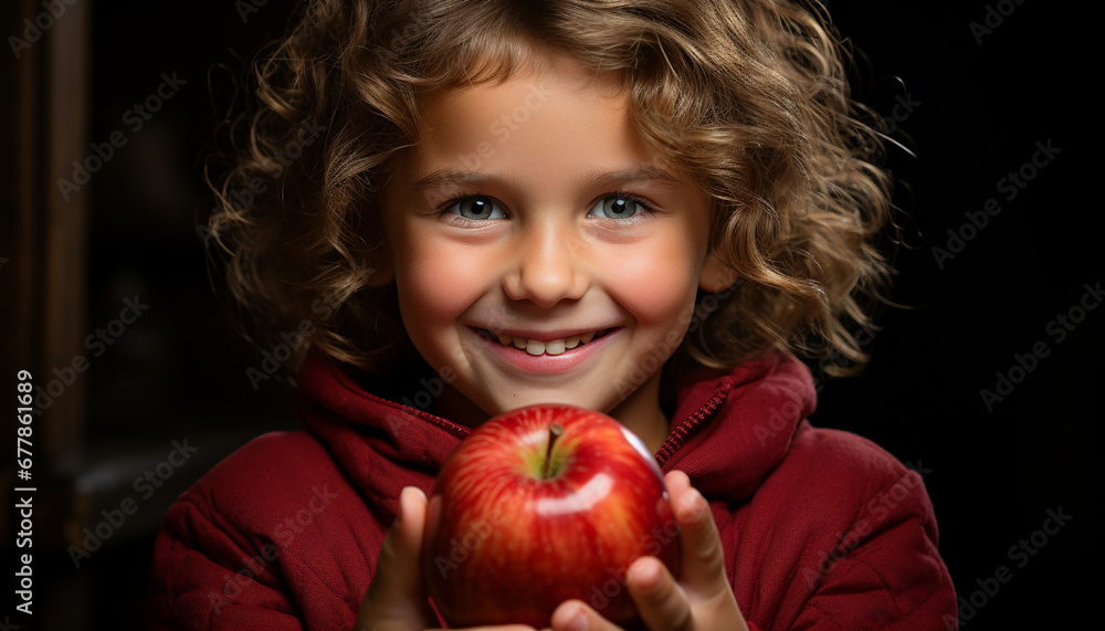 Smiling child holding apple, radiating happiness and innocence generated by AI Smiling child holding apple, radiating happiness and innocence generated by AI