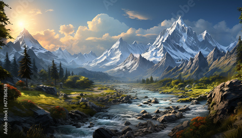 Majestic mountain peak, tranquil meadow, serene forest, breathtaking landscape generated by AI