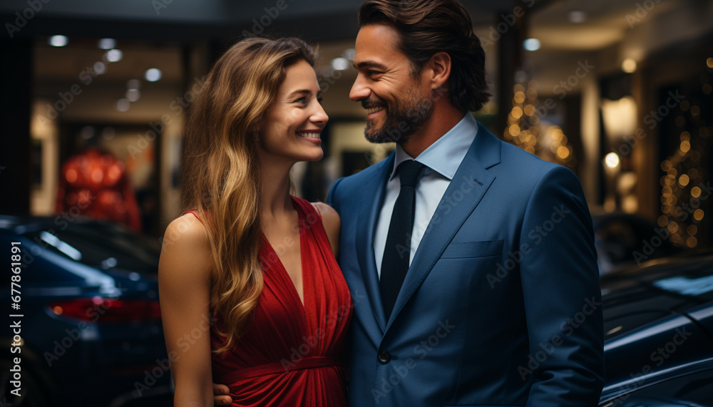 Young couple enjoying nightlife, embracing in elegant city generated by AI