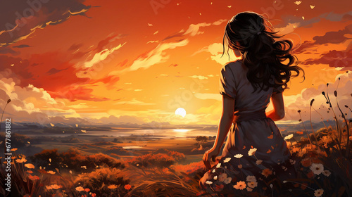 An Illustration of a Young Woman Standing in a Flower Meadow While Watching a Sunset