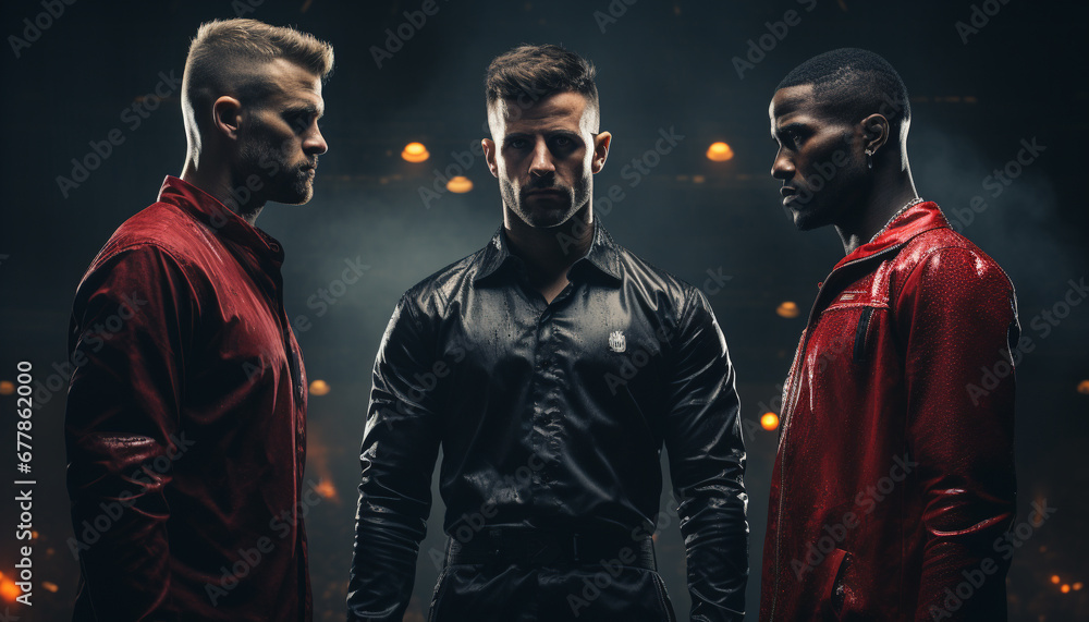 Young adult males standing together, looking confident and happy generated by AI Young adult males standing together, looking confident and happy generated by AI