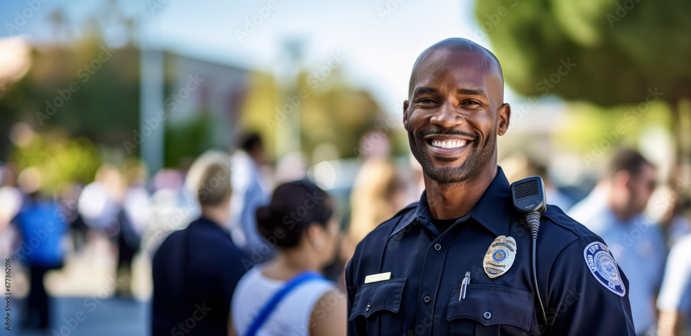 African American man working as police officer or cop, closeup portrait, blurred city background. Generative AI African American man working as police officer or cop, closeup portrait, blurred city background. Generative AI