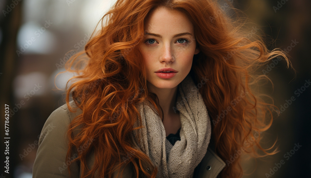 Fototapeta premium Young adult woman with long brown curly hair, looking at camera generated by AI