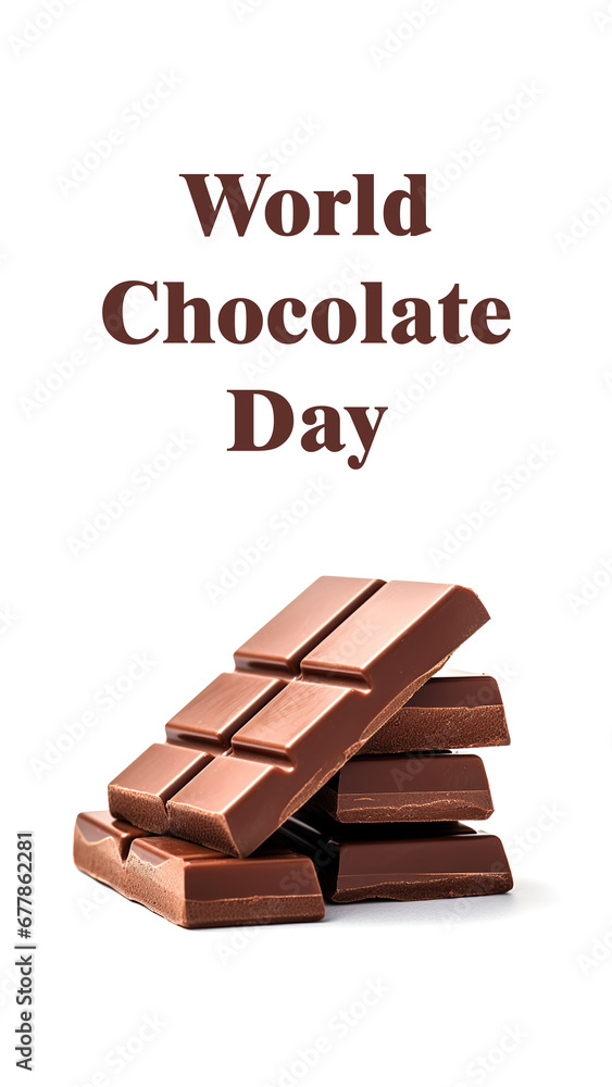 Milk chocolate bars stack isolated on a white background. World Chocolate Day. Greeting card, design for calendar. Vertical poster for stories. Milk chocolate bars stack isolated on a white background. World Chocolate Day. Greeting card, design for calendar. Vertical poster for stories.