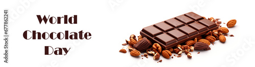 Chocolate bar with nuts on white. World Chocolate Day. Greeting card mockup, design for calendar.