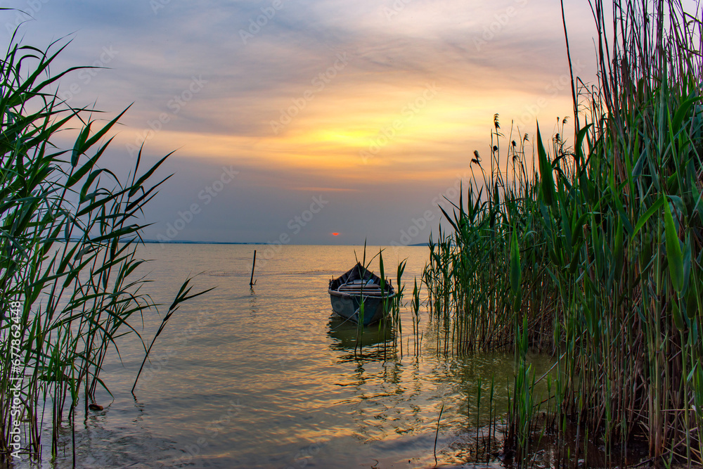boat and reeds at sunrise on the lake