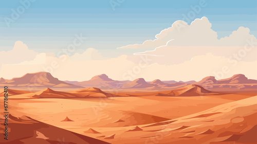 Desert landscape background with sand and mountains. Vector illustration in cartoon style