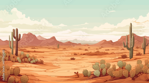Desert landscape background with sand and mountains. Vector illustration in cartoon style