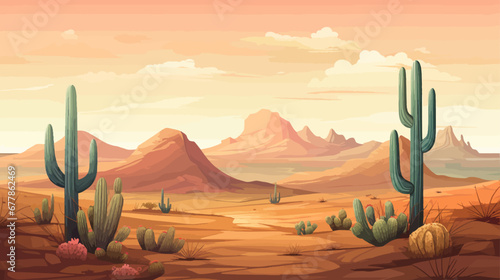 Desert landscape with mountains and sand. Vector illustration in cartoon style