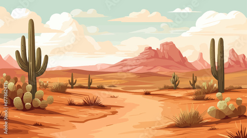 Desert landscape with mountains and sand. Vector illustration in cartoon style