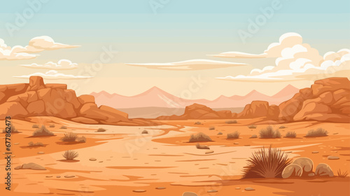Desert landscape with mountains and sand. Vector illustration in cartoon style