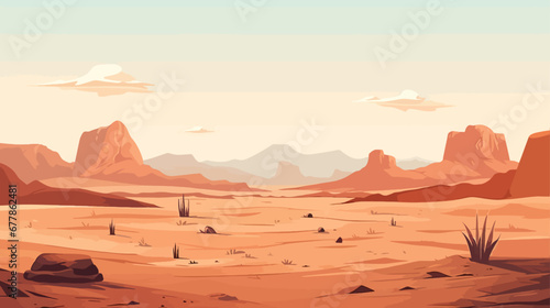 Desert landscape with mountains and sand. Vector illustration in cartoon style