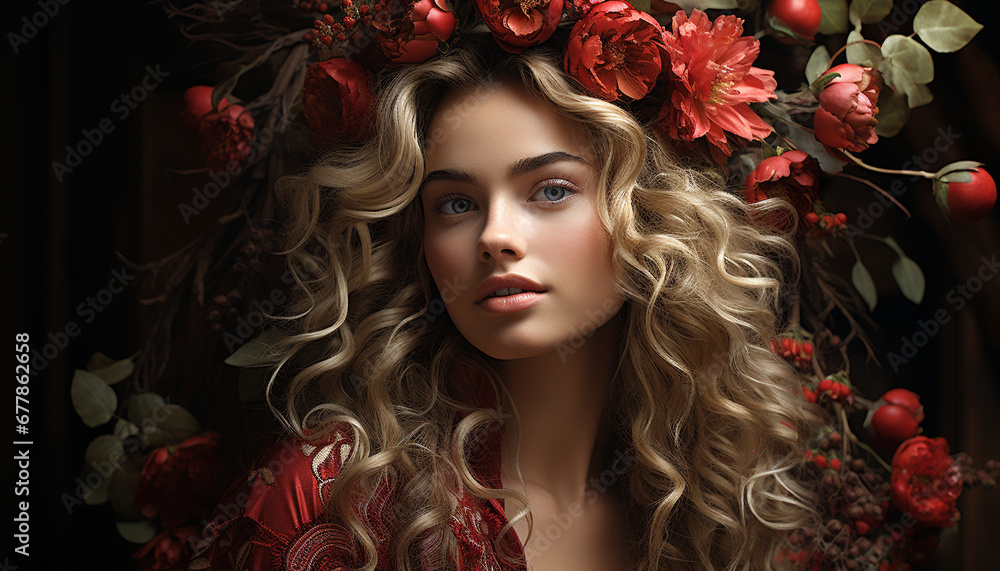 Beautiful woman with curly blond hair, smiling at camera generated by AI Beautiful woman with curly blond hair, smiling at camera generated by AI