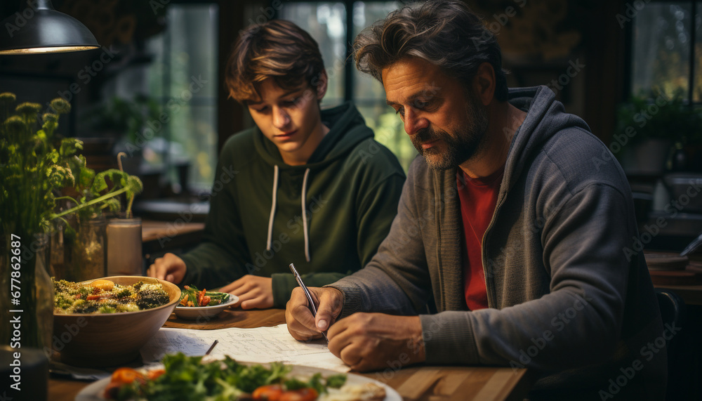 Father and son bonding over a meal generated by AI Father and son bonding over a meal generated by AI