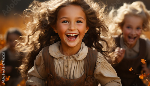 Smiling girls enjoying nature, carefree and cheerful generated by AI © Jemastock