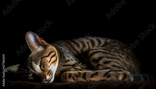 Cute striped kitten resting, staring with softness and beauty generated by AI photo