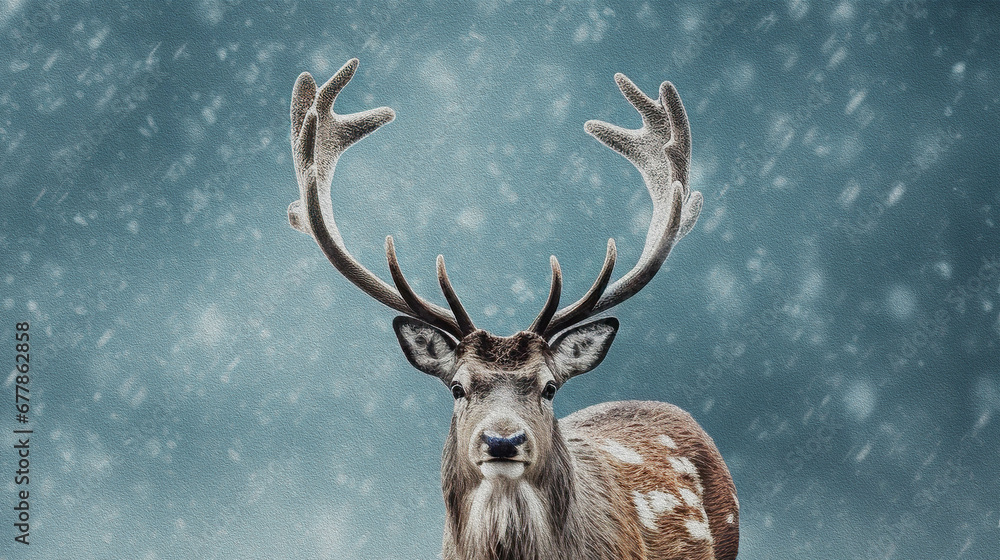 Funny deer with big antlers standing in snowfall. Reindeer New Year concept oil painting. Funny deer with big antlers standing in snowfall. Reindeer New Year concept oil painting.