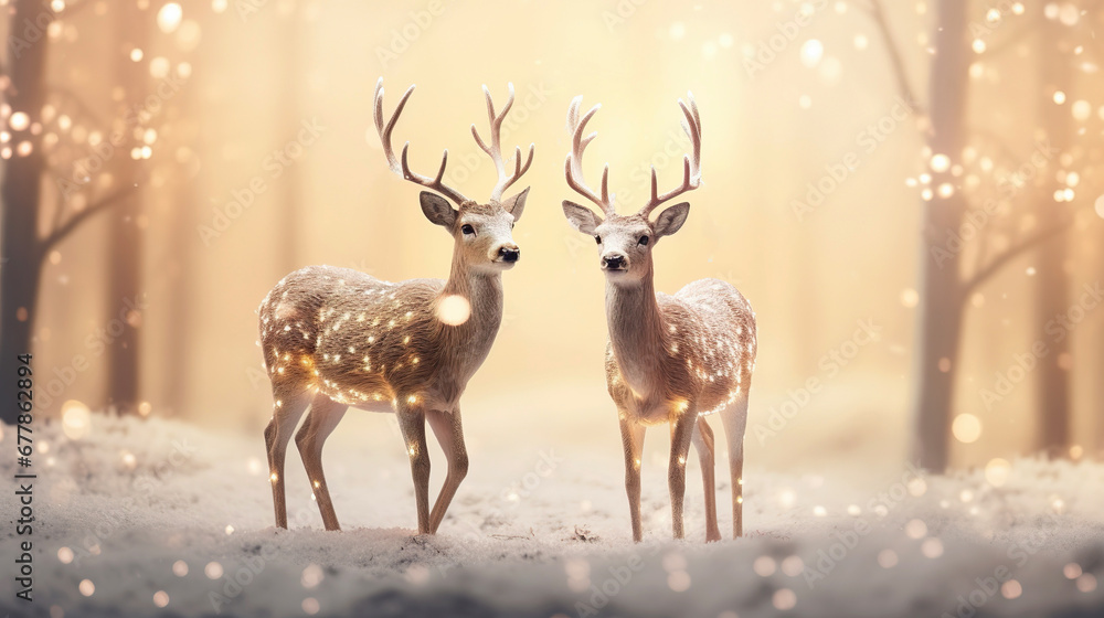 Couple of Shiny Reindeer In Defocused Glittering Background. Deer and winter landscape with snow and snowflakes. Couple of Reindeers in the winter forest. Couple of Shiny Reindeer In Defocused Glittering Background. Deer and winter landscape with snow and snowflakes. Couple of Reindeers in the winter forest.