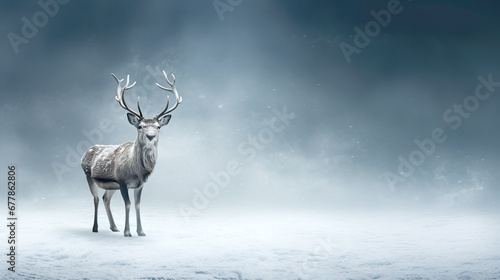 Funny deer with antlers on a winter foggy background. A deer with large antlers on a foggy background with copy space. Reindeer New Year concept.
