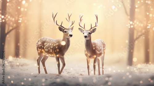 Couple of Shiny Reindeer In Defocused Glittering Background. Deer and winter landscape with snow and snowflakes. Couple of Reindeers in the winter forest. © Helen-HD