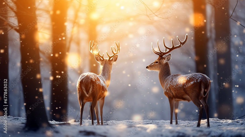Couple of deer in winter forest on the background of sun glare. Deer and winter landscape with snow and snowflakes. Reindeers in the winter forest. Couple of deer in winter forest on the background of sun glare. Deer and winter landscape with snow and snowflakes. Reindeers in the winter forest.