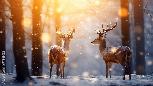 Couple of deer in winter forest on the background of sun glare. Deer and winter landscape with snow and snowflakes. Reindeers in the winter forest.