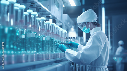 scientist working in laboratory, with sanitary gloves, white uniform, glass bottles