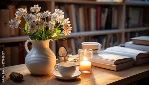 Wooden table with vase of flowers and books generated by AI