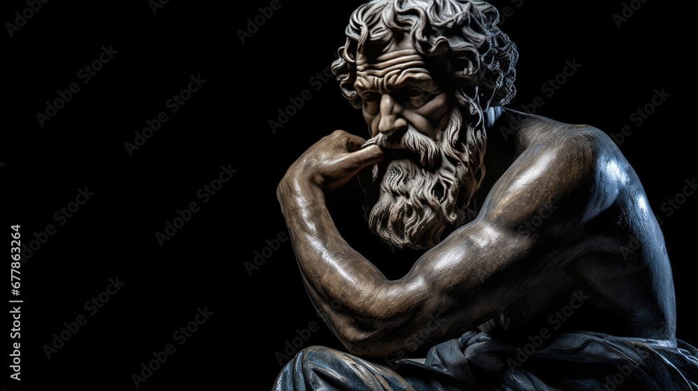 The figure of an elderly man sitting thoughtfully. Greek philosopher. Education and training concept. Illustration for banner, poster, cover, brochure or presentation.