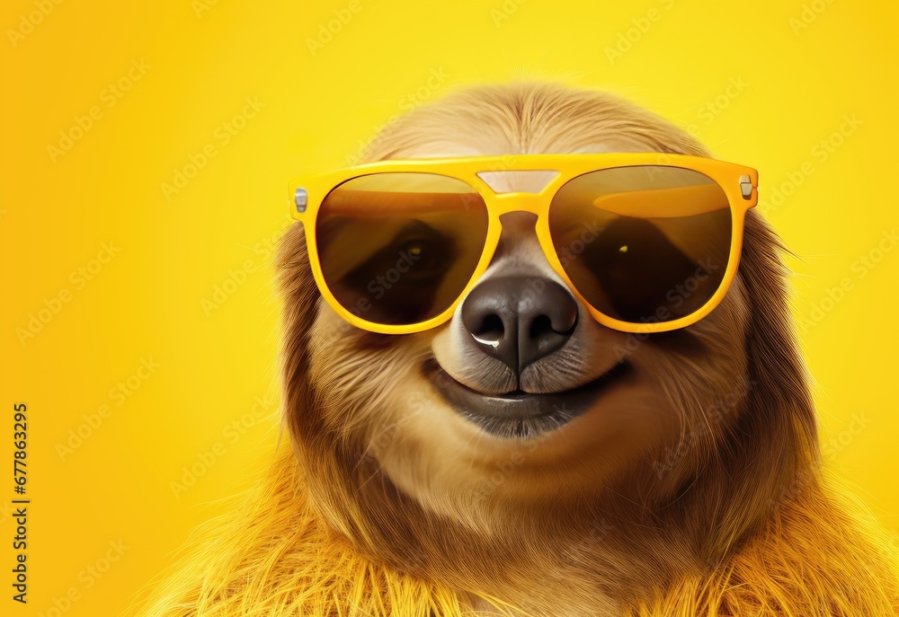 Fototapeta premium Sloth in glasses. Close-up portrait of a sloth. An anthopomorphic creature. A fictional character for advertising and marketing. Humorous character for graphic design.
