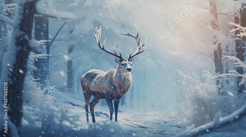 Magic festive reindeer covered in glowing lights. Reindeer New Year concept oil painting. Deer in a snowy forest.