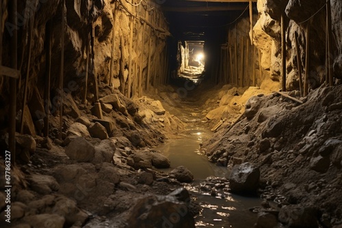 Underground passage inside a working excavation. Generative AI