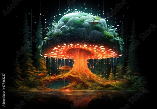 A magic mushroom glowing with neon light on a black background. Surreal lamellar mushroom. Fantasy illustration for banner, poster, cover, brochure or presentation. © Login