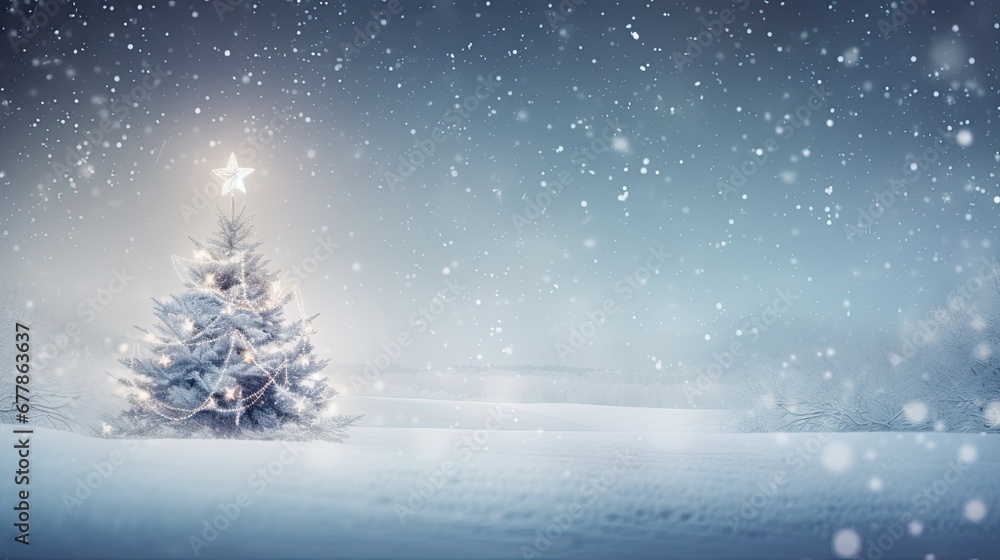 Abstract winter background, glowing Christmas tree under snow