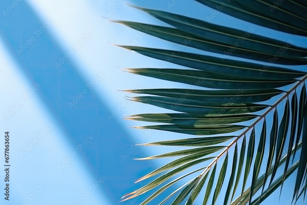 Fototapeta premium shadows and palm leaf on a light, sky blue, pastel wall. background for advertising a luxury product.