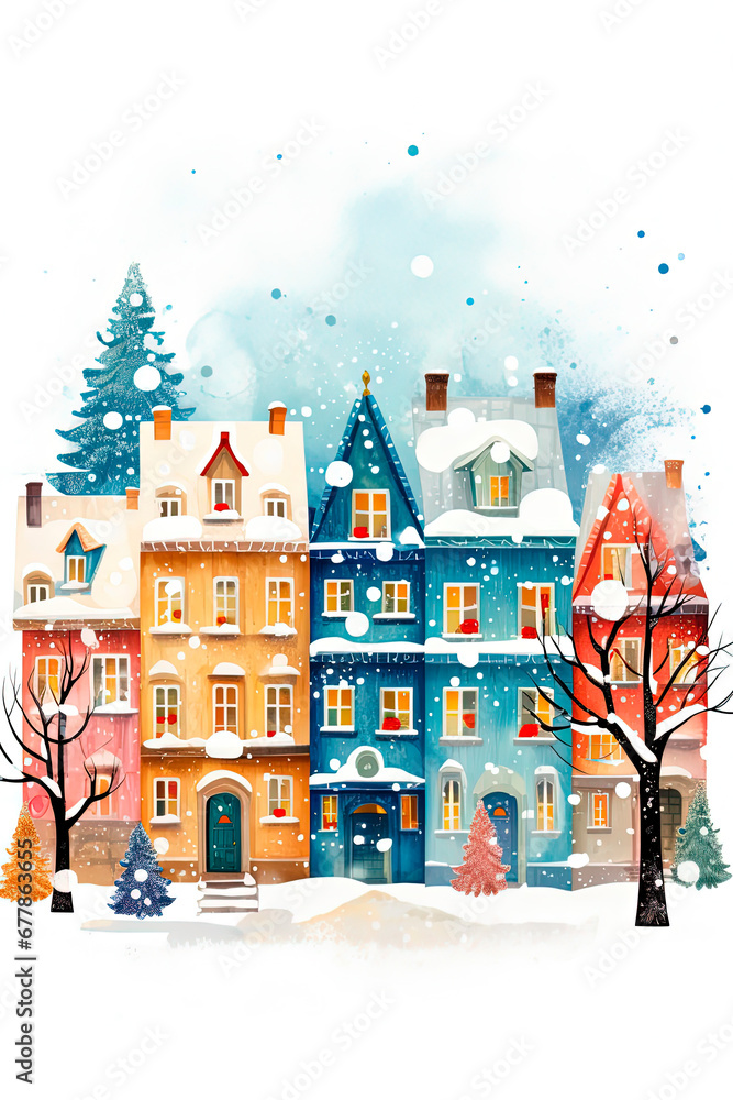 Christmas card with houses and trees in snow. Generative AI