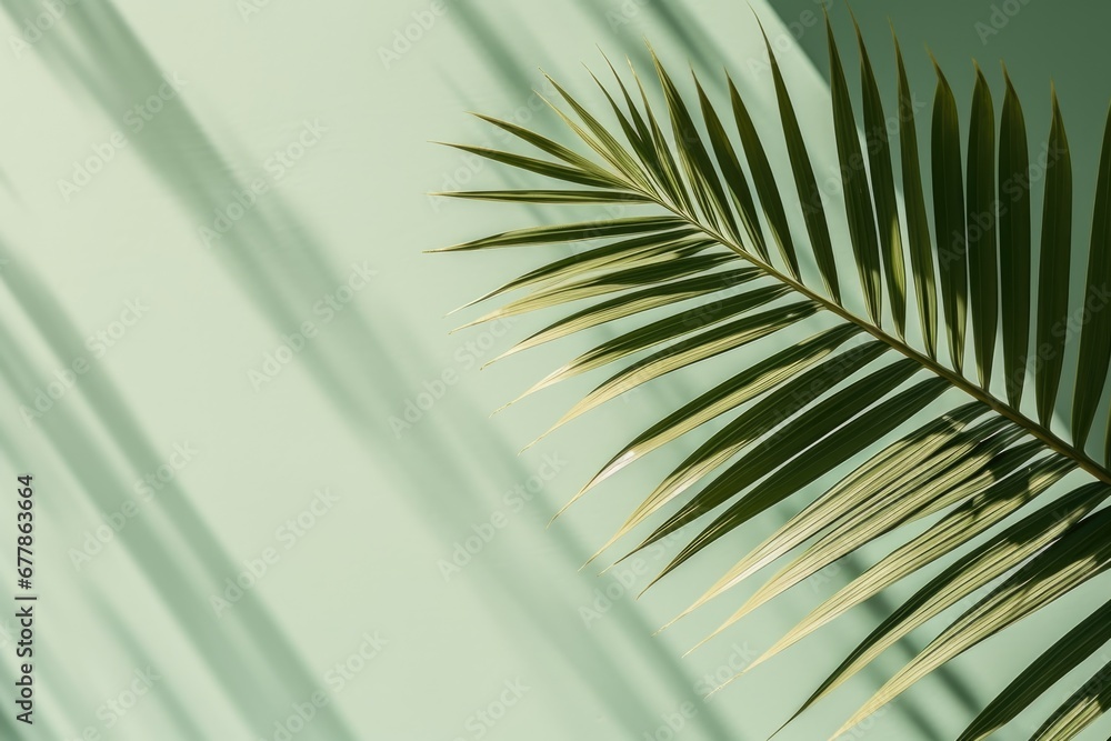 Fototapeta premium shadows overlay and palm leaf on a green pastel light green wall. background for advertising a luxury product.