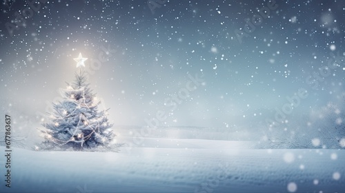 Abstract winter background, glowing Christmas tree under snow © neirfy