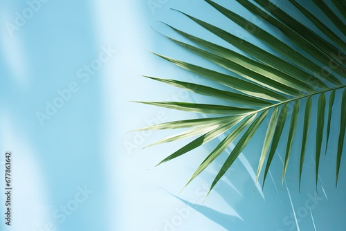 shadows and palm leaf on a light  sky blue  pastel wall. background for advertising a luxury product.