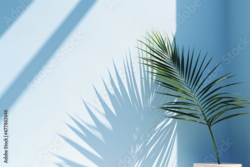 shadows and palm leaf on a light, sky blue, pastel wall. background for advertising a luxury product.